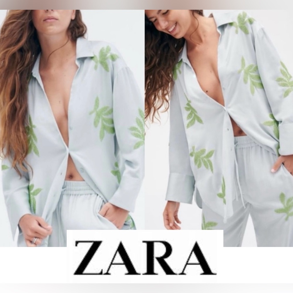 Zara Women’s Sz S Pale Blue Embroidered/Beaded Leaf Blouse